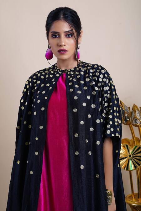 Bhusattva Pink Organic Silk Embroidery Polka Dots Dress Crew A-line With Cape at Aza Fashions Bhusattva_Pink Organic Silk Embroidery Polka Dots Dress Crew A-line With Cape _at_Aza_Fashions