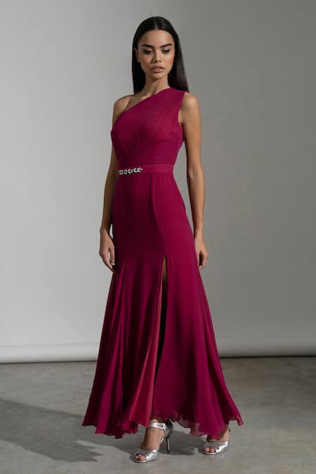Amrta By Guneet Kondal_Pink Georgette, Viscose Asymmetric Jaislamer Dunes High Side Slit Gown_Online_at_Aza_Fashions