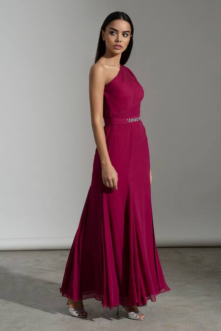 Buy_Amrta By Guneet Kondal_Pink Georgette, Viscose Asymmetric Jaislamer Dunes High Side Slit Gown_Online_at_Aza_Fashions