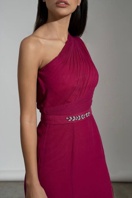 Shop_Amrta By Guneet Kondal_Pink Georgette, Viscose Asymmetric Jaislamer Dunes High Side Slit Gown_Online_at_Aza_Fashions