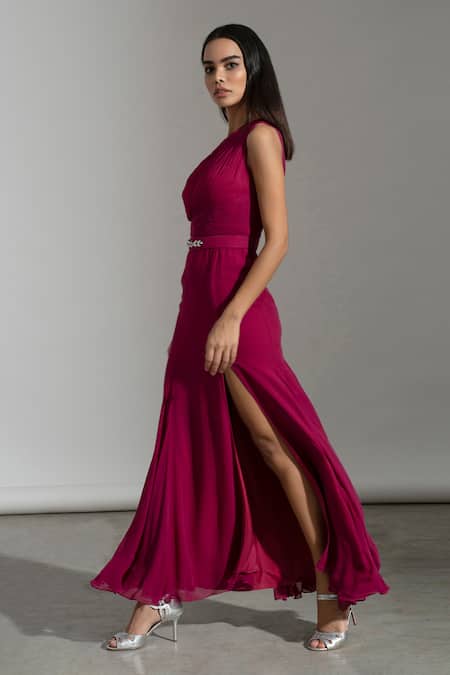 Amrta By Guneet Kondal_Pink Georgette, Viscose Asymmetric Jaislamer Dunes High Side Slit Gown_at_Aza_Fashions