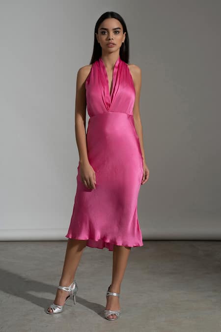 Amrta By Guneet Kondal_Pink Satin, Georgette, Viscose Halter Neck Pleated Midi Dress _Online_at_Aza_Fashions