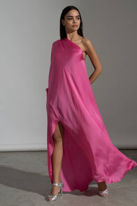 Amrta By Guneet Kondal_Pink Viscose Asymmetric Paros Thigh Slit Gown _Online_at_Aza_Fashions
