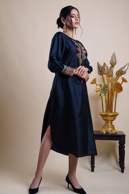 Bhusattva Black Organic Silk Embroidery Sequin Keyhole Geometric Placket Dress Online at Aza Fashions Bhusattva_Black Organic Silk Embroidery Sequin Keyhole Geometric Placket Dress _Online_at_Aza_Fashions