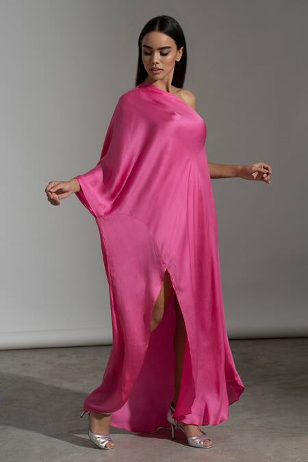 Buy_Amrta By Guneet Kondal_Pink Viscose Asymmetric Paros Thigh Slit Gown _Online_at_Aza_Fashions