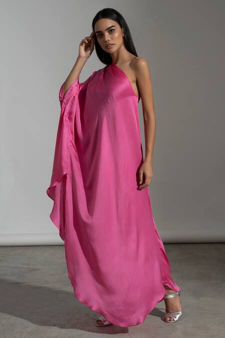Amrta By Guneet Kondal_Pink Viscose Asymmetric Paros Thigh Slit Gown _at_Aza_Fashions