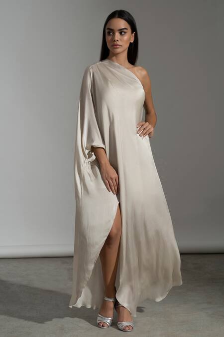 Shop Amrta By Guneet Kondal Off White Viscose Asymmetric Paros One Shoulder Kaftan Gown Online at Aza Fashions Shop_Amrta By Guneet Kondal_Off White Viscose Asymmetric Paros One Shoulder Kaftan Gown _Online_at_Aza_Fashions