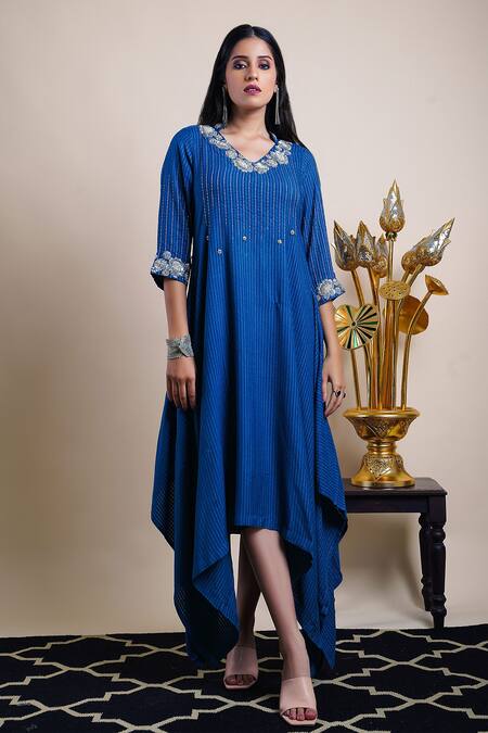 Bhusattva Blue Organic Silk Jacquard Asymmetric Hand Embroidered Dress Online at Aza Fashions Bhusattva_Blue Organic Silk Jacquard Asymmetric Hand Embroidered Dress _Online_at_Aza_Fashions