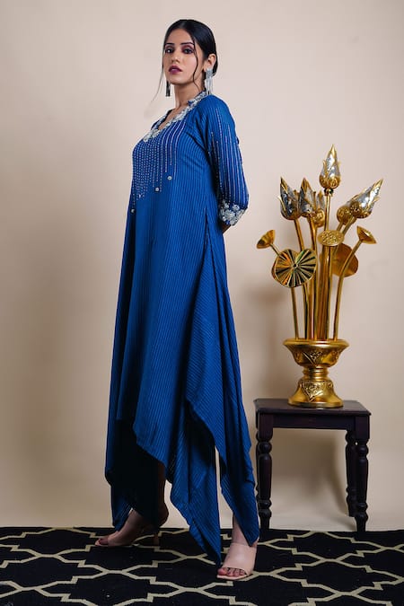 Buy Bhusattva Blue Organic Silk Jacquard Asymmetric Hand Embroidered Dress Online at Aza Fashions Buy_Bhusattva_Blue Organic Silk Jacquard Asymmetric Hand Embroidered Dress _Online_at_Aza_Fashions