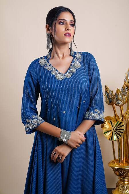 Bhusattva Blue Organic Silk Jacquard Asymmetric Hand Embroidered Dress at Aza Fashions Bhusattva_Blue Organic Silk Jacquard Asymmetric Hand Embroidered Dress _at_Aza_Fashions