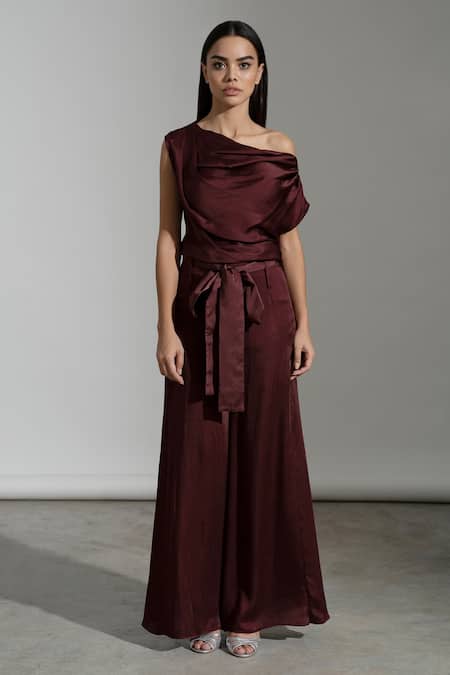 Amrta By Guneet Kondal_Wine Viscose One Shoulder Draped Top And Pant Set _Online_at_Aza_Fashions