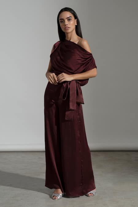 Buy_Amrta By Guneet Kondal_Wine Viscose One Shoulder Draped Top And Pant Set _Online_at_Aza_Fashions