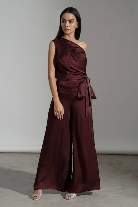 Shop_Amrta By Guneet Kondal_Wine Viscose One Shoulder Draped Top And Pant Set _Online_at_Aza_Fashions