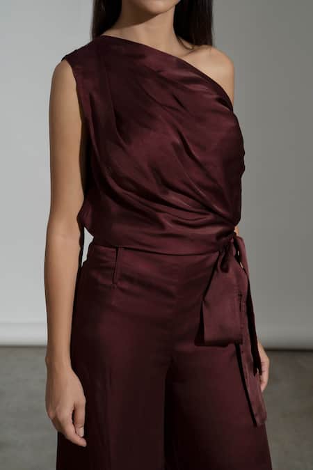 Amrta By Guneet Kondal_Wine Viscose One Shoulder Draped Top And Pant Set _at_Aza_Fashions