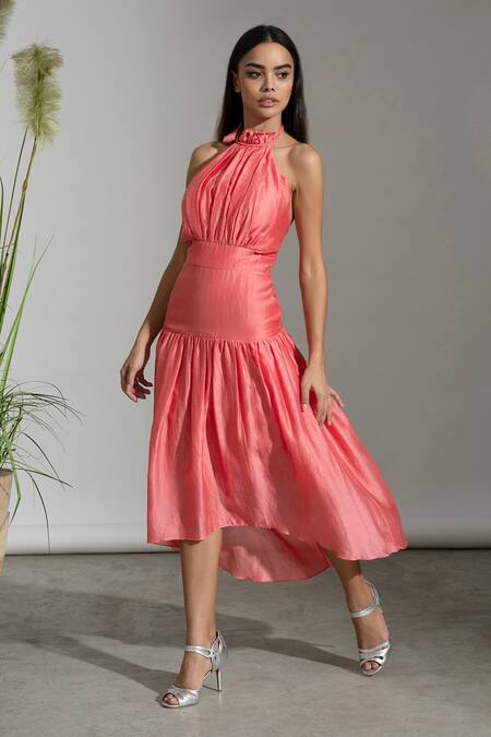 Buy Amrta By Guneet Kondal Coral Cotton, Silk, Viscose Halter Neck Gathered Midi Dress Online at Aza Fashions Buy_Amrta By Guneet Kondal_Coral Cotton, Silk, Viscose Halter Neck Gathered Midi Dress_Online_at_Aza_Fashions