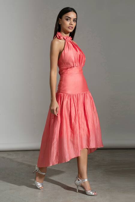 Shop Amrta By Guneet Kondal Coral Cotton, Silk, Viscose Halter Neck Gathered Midi Dress Online at Aza Fashions Shop_Amrta By Guneet Kondal_Coral Cotton, Silk, Viscose Halter Neck Gathered Midi Dress_Online_at_Aza_Fashions