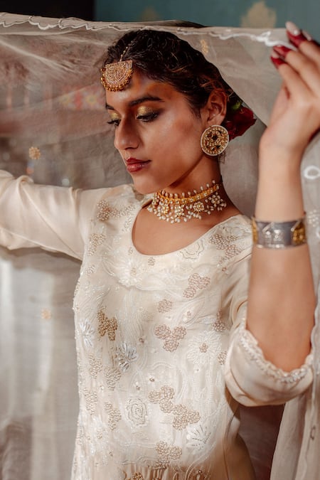 LAHARIO_Ivory , Organza Pearls, Sequins Round Neck Embellished Kurta Pant Set _at_Aza_Fashions