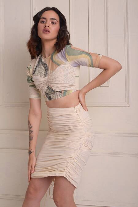 Shwetanga_Ivory Cotton Round Neck Printed Organic Crop Top And Skirt Set _at_Aza_Fashions