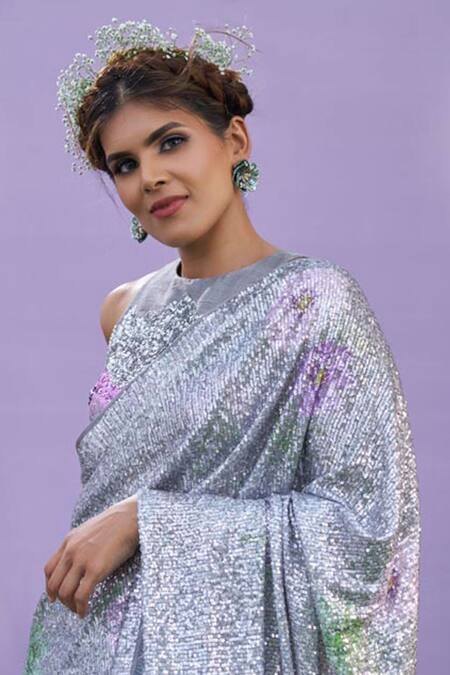 Pooja Bagaria_Silver Silk, Spandex Diamonds, Sequins Pre-draped Embellished Saree With Blouse_Online_at_Aza_Fashions