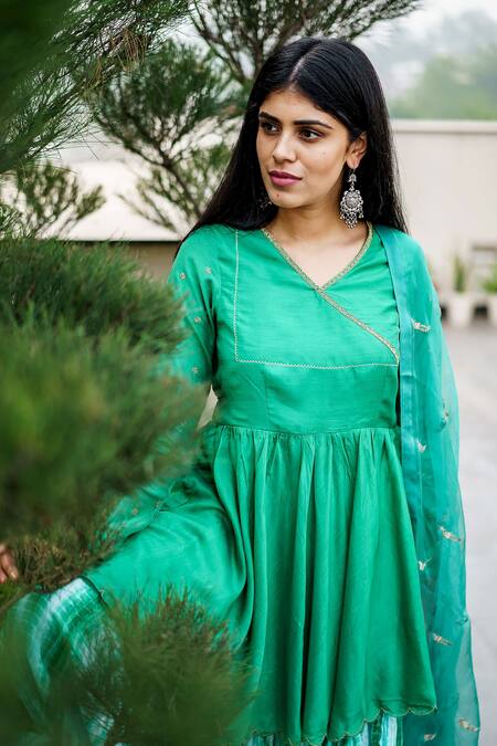 Cupid Cotton Emerald Green Silk, Cotton Lace, Embroidery Sleeve Angrakha Kurta Lehenga Set Online at Aza Fashions Cupid Cotton_Emerald Green Silk, Cotton Lace, Embroidery Sleeve Angrakha Kurta Lehenga Set _Online_at_Aza_Fashions
