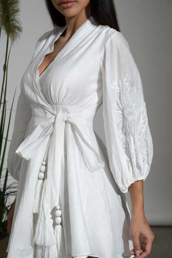 Buy Amrta By Guneet Kondal White Cotton, Silk, Viscose Embroidery, Tassels V-neck Santorini Flower Dress Online at Aza Fashions Buy_Amrta By Guneet Kondal_White Cotton, Silk, Viscose Embroidery, Tassels V-neck Santorini Flower Dress _Online_at_Aza_Fashions