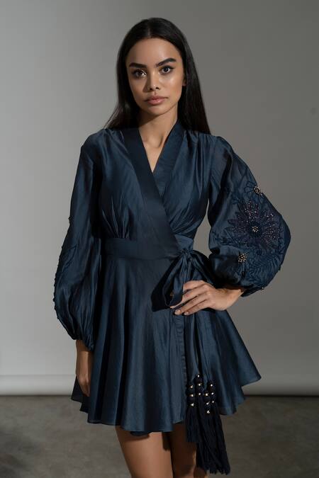 Shop Amrta By Guneet Kondal Blue Cotton, Silk, Viscose Embroidery, Tassels V-neck Santorini Tonal Dress Online at Aza Fashions Shop_Amrta By Guneet Kondal_Blue Cotton, Silk, Viscose Embroidery, Tassels V-neck Santorini Tonal Dress _Online_at_Aza_Fashions