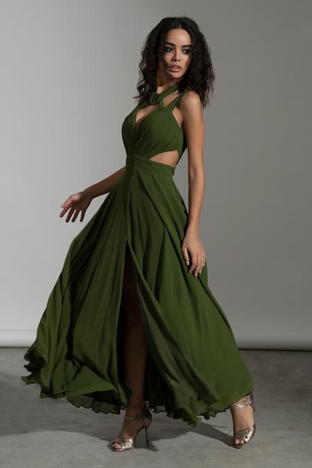 AMRTA by GUNEET KONDAL_Green Shell 100% Viscose Georgette V Neck Cappadocia Cut-out Gown _Online_at_Aza_Fashions