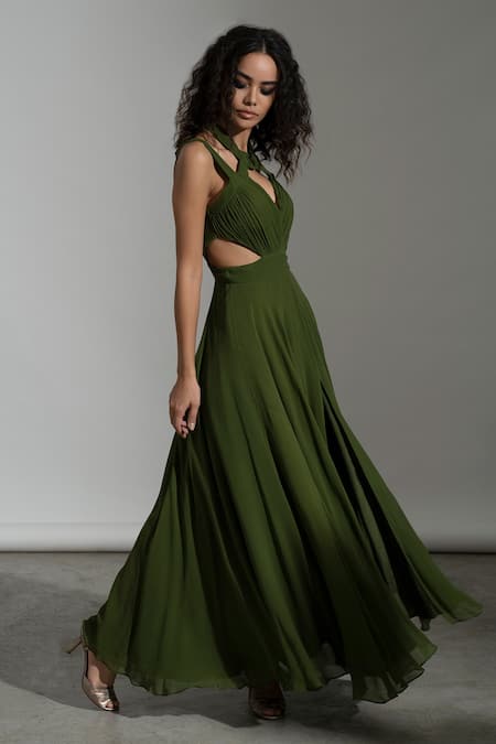 Shop_AMRTA by GUNEET KONDAL_Green Shell 100% Viscose Georgette V Neck Cappadocia Cut-out Gown _Online_at_Aza_Fashions