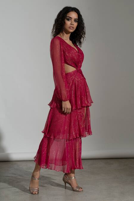 Buy_Amrta By Guneet Kondal_Pink Chiffon, Viscose V-neck Shimmer Cut-out Gown _Online_at_Aza_Fashions