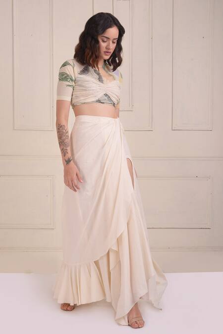 Buy_Shwetanga_Ivory Cotton Round Neck Organic Crop Top And Skirt Set _Online_at_Aza_Fashions