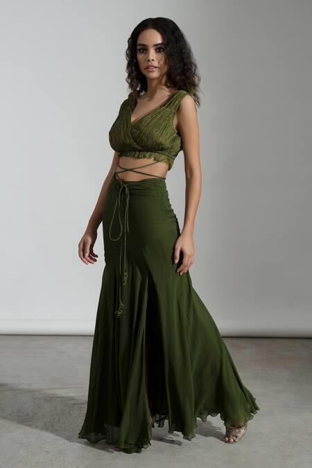 Buy Amrta By Guneet Kondal Green Crepe Fringe V-neck Ruched Crop Top And Skirt Set Online at Aza Fashions Buy_Amrta By Guneet Kondal_Green Crepe Fringe V-neck Ruched Crop Top And Skirt Set _Online_at_Aza_Fashions
