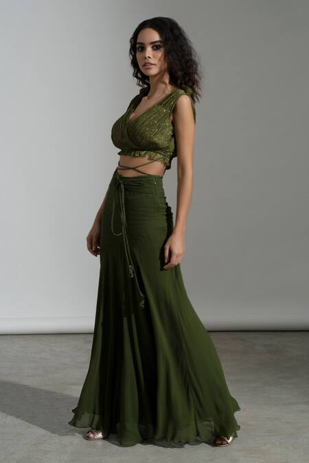 Amrta By Guneet Kondal Green Crepe Fringe V-neck Ruched Crop Top And Skirt Set at Aza Fashions Amrta By Guneet Kondal_Green Crepe Fringe V-neck Ruched Crop Top And Skirt Set _at_Aza_Fashions