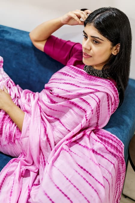 Shop_Cupid Cotton_Fuchsia Silk, Cotton Round Neck Tie Dye Pattern Saree With Blouse _Online_at_Aza_Fashions