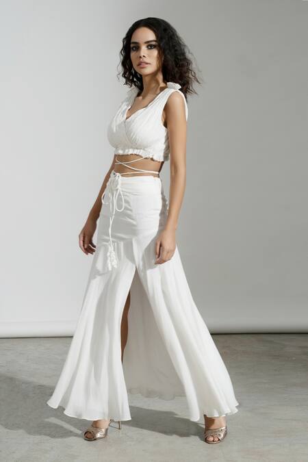 Shop_Amrta By Guneet Kondal_White Viscose V-neck Crop Top And High Slit Skirt Set _Online_at_Aza_Fashions