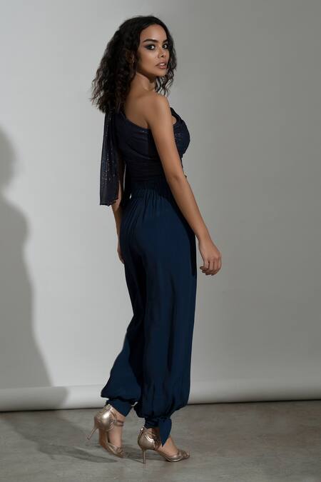 Buy_Amrta By Guneet Kondal_Blue Viscose Glitter Asymmetric Love Me Knot Top And Pant Co-ord Set _Online_at_Aza_Fashions
