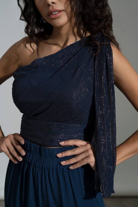 Shop_Amrta By Guneet Kondal_Blue Viscose Glitter Asymmetric Love Me Knot Top And Pant Co-ord Set _Online_at_Aza_Fashions