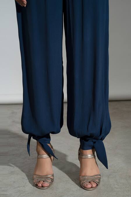 Amrta By Guneet Kondal_Blue Viscose Glitter Asymmetric Love Me Knot Top And Pant Co-ord Set _at_Aza_Fashions