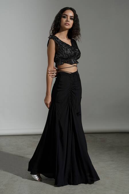 Buy Black 100% Viscose Moss Crepe Wrap Style Crop Top And Skirt Set For  Women by AMRTA Online at Aza Fashions.