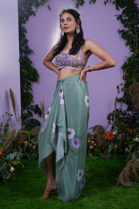 Pooja Bagaria Purple Silk Embroidery Sweetheart Neck Floral Embellished Bustier And Skirt Set Online at Aza Fashions Pooja Bagaria_Purple Silk Embroidery Sweetheart Neck Floral Embellished Bustier And Skirt Set_Online_at_Aza_Fashions