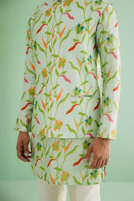 Drishti & Zahabia Green Silk, Cotton Floral Print Bundi And Kurta Set Online at Aza Fashions Drishti & Zahabia_Green Silk, Cotton Floral Print Bundi And Kurta Set_Online_at_Aza_Fashions