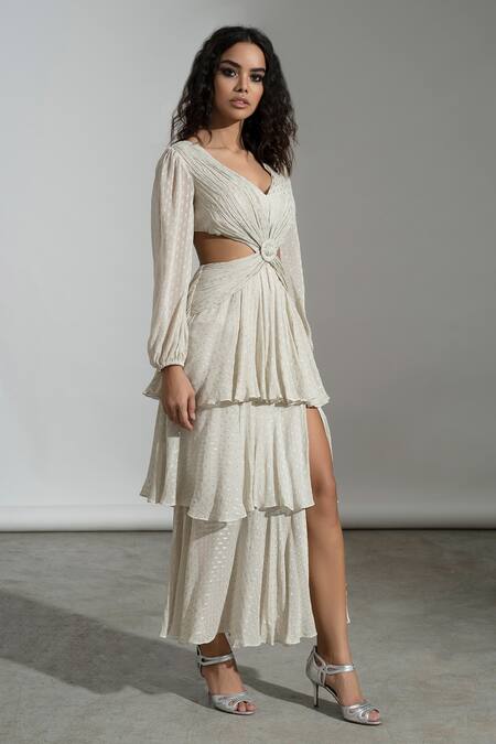 Buy_Amrta By Guneet Kondal_Off White Viscose, Chiffon V-neck Tiered Maxi Dress _Online_at_Aza_Fashions