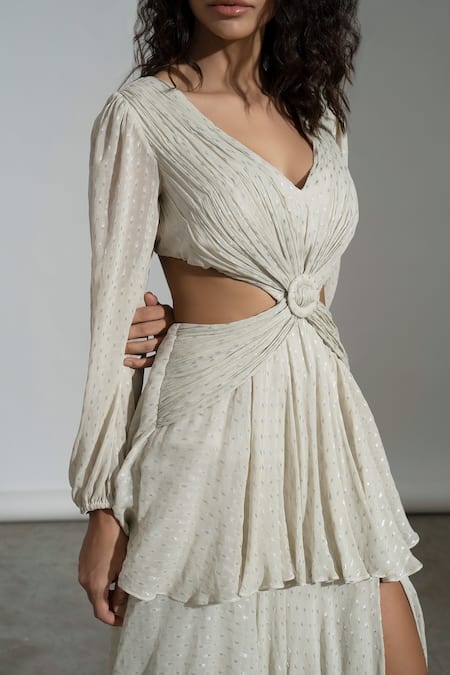 Shop_Amrta By Guneet Kondal_Off White Viscose, Chiffon V-neck Tiered Maxi Dress _Online_at_Aza_Fashions