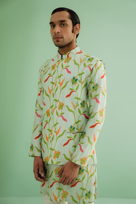 Buy Drishti & Zahabia Green Silk, Cotton Floral Print Bundi And Kurta Set Online at Aza Fashions Buy_Drishti & Zahabia_Green Silk, Cotton Floral Print Bundi And Kurta Set_Online_at_Aza_Fashions