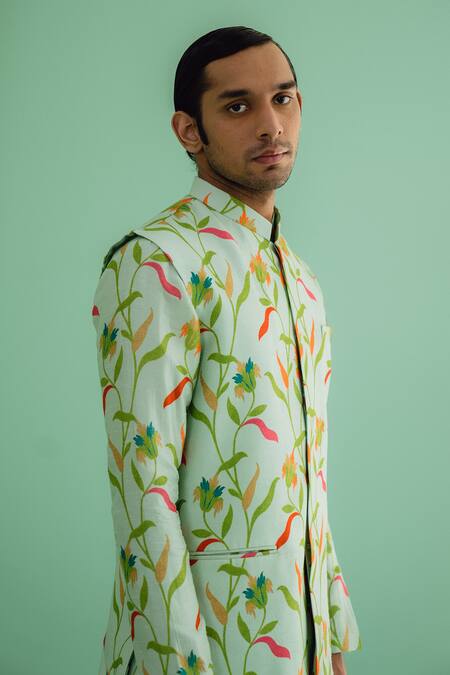 Shop Drishti & Zahabia Green Silk, Cotton Floral Print Bundi And Kurta Set Online at Aza Fashions Shop_Drishti & Zahabia_Green Silk, Cotton Floral Print Bundi And Kurta Set_Online_at_Aza_Fashions