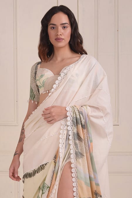 Shwetanga_Ivory Cotton Pearls, Lace Sweetheart Neck Organic Pre-draped Saree With Blouse _Online_at_Aza_Fashions