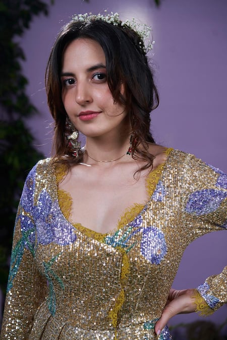 Pooja Bagaria_Yellow Spandex, Net Sequins Scoop Neck Embellished Ball Gown_Online_at_Aza_Fashions