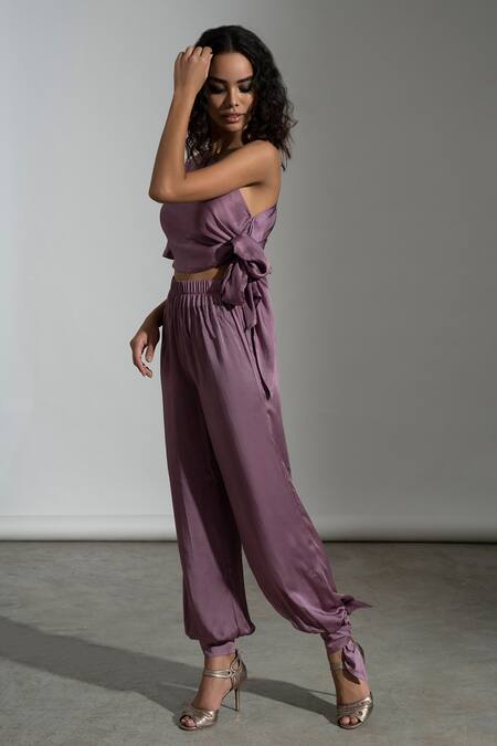 Amrta By Guneet Kondal_Purple Viscose Asymmetric Soho Handmade Knotted Top And Pant Set _Online_at_Aza_Fashions