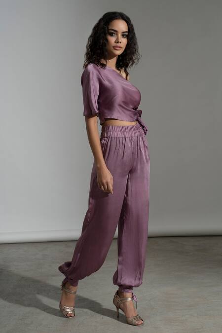 Buy_Amrta By Guneet Kondal_Purple Viscose Asymmetric Soho Handmade Knotted Top And Pant Set _Online_at_Aza_Fashions