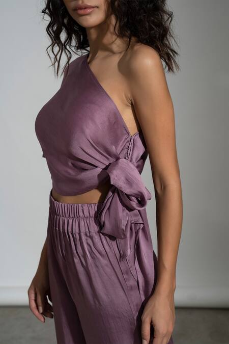 Shop_Amrta By Guneet Kondal_Purple Viscose Asymmetric Soho Handmade Knotted Top And Pant Set _Online_at_Aza_Fashions