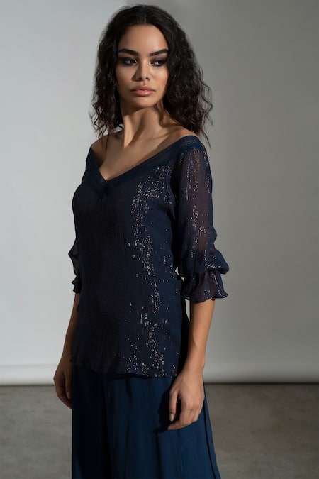 Shop_Amrta By Guneet Kondal_Blue Viscose Embroidery V-neck Sorrento Crotchet Lace Top And Abu Dhabi Pant Set_Online_at_Aza_Fashions